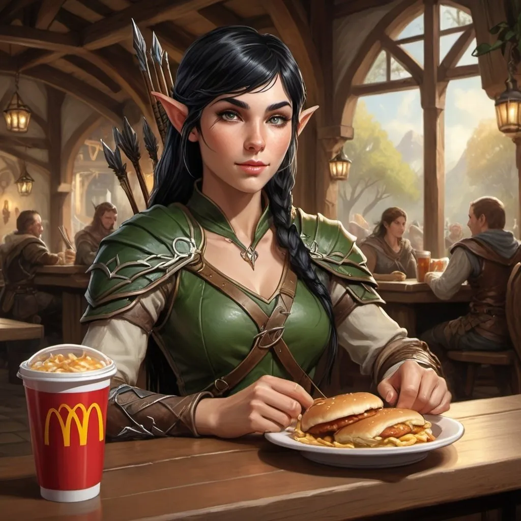 Prompt: Fantasy tavern scene of a female elven archer enjoying McDonalds, short black hair, D&D style, detailed elven features, traditional fantasy art, warm lighting, high quality, character illustration, fantasy, elven archer, detailed features, traditional art, warm lighting, tavern scene, McDonalds, D&D style