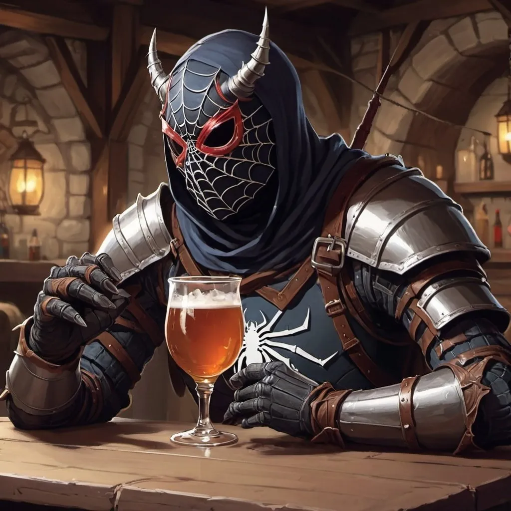 Prompt: spider knight, D&D, fantasy tavern, drunk