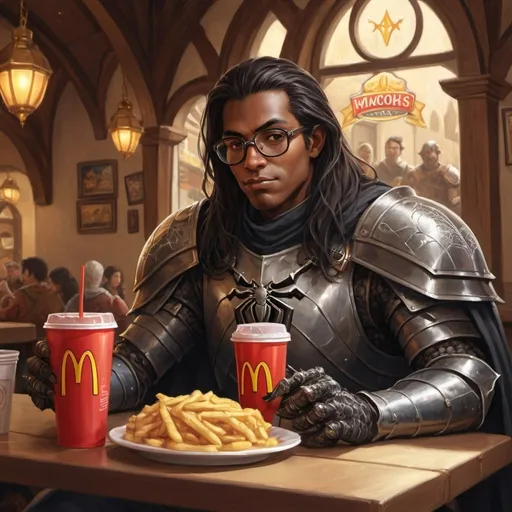 Prompt: Fantasy tavern scene of a male spider knight enjoying McDonalds,round glasses, brown skin, long black hair, D&D style, detailed knight features, traditional fantasy art, warm lighting, high quality, character illustration, fantasy, human knight, detailed features, traditional art, warm lighting, tavern scene, McDonalds, D&D style