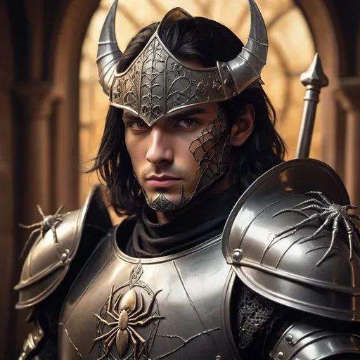 Prompt: A tarot card with male spider knight detailed facial features, sallet helm, long black hair, human knight, warm lighting, fantasy, intricate armor, detailed eyes, highres, fantasy art, warm tones, atmospheric lighting, professional