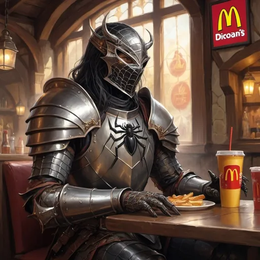 Prompt: Fantasy tavern scene of a male spider knight enjoying McDonalds, sallet helm, long black hair, D&D style, detailed knight features, traditional fantasy art, warm lighting, high quality, character illustration, fantasy, human knight, detailed features, traditional art, warm lighting, tavern scene, McDonalds, D&D style