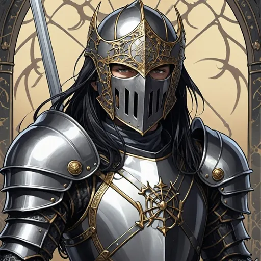 Prompt: tarot card Anime illustration, a male spider knight, sallet helm, long black hair, detailed knight features, human knight, detailed features