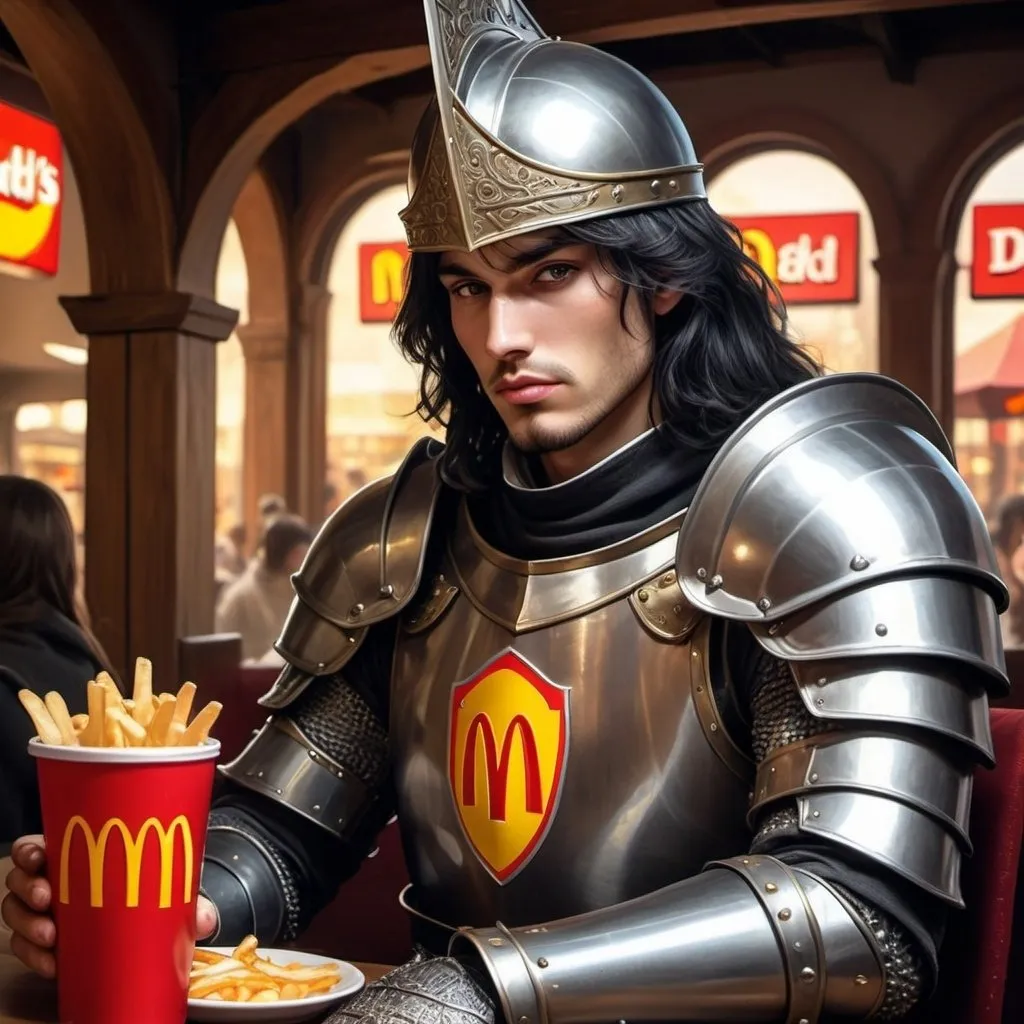 Prompt: Male human knight enjoying McDonalds, D&D style, detailed knight features, warm lighting, high quality, fantasy, long black hair, sallet helm, tarot card anime illustration, dramatic lighting, detailed eyes, professional