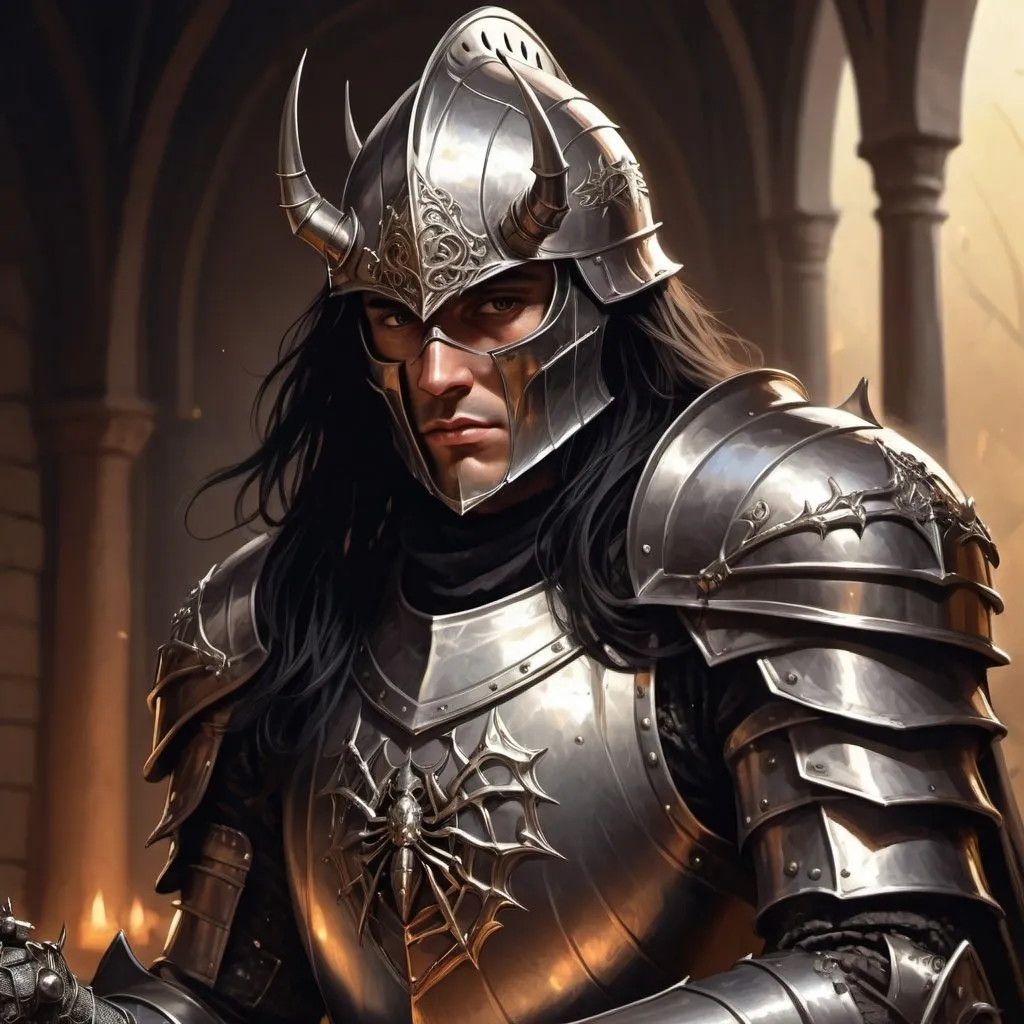 Prompt: Male spider knight in D&D style, detailed facial features, sallet helm, long black hair, human knight, warm lighting, fantasy, intricate armor, detailed eyes, highres, fantasy art, warm tones, atmospheric lighting, professional