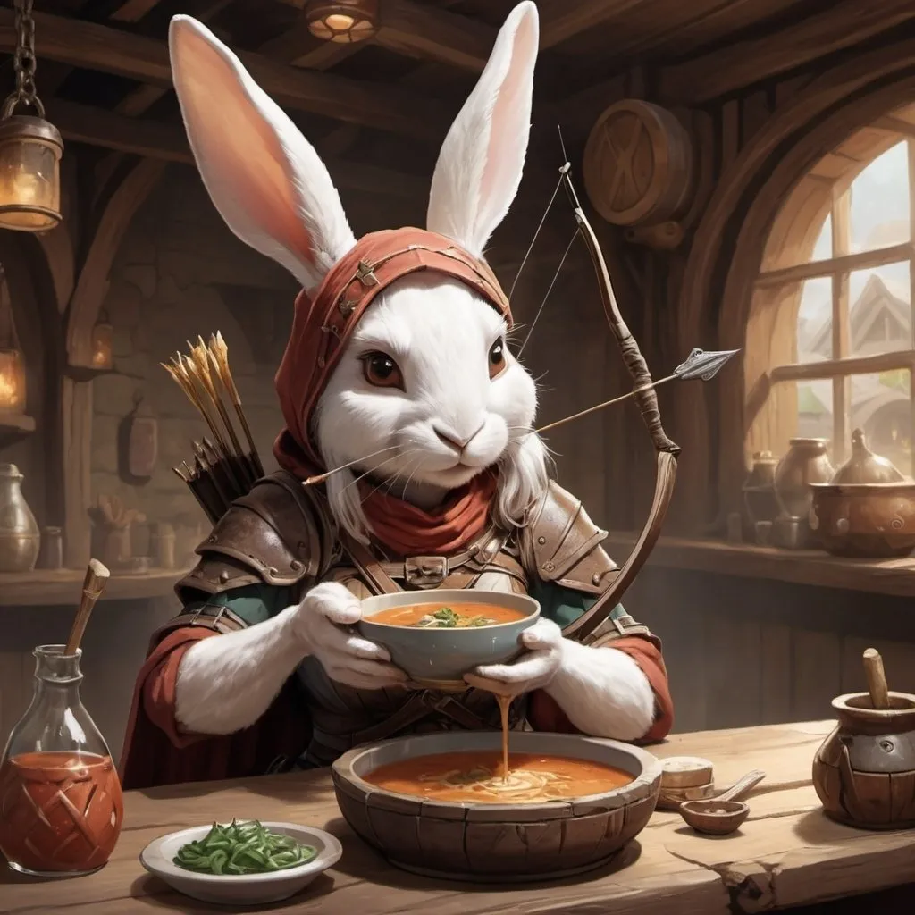 Prompt: female rabbit archer, D&D style, character illustration, in fantasy tavern eating soup