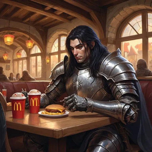 Prompt: Fantasy tavern scene of a male spider knight enjoying McDonalds, long black hair, D&D style, detailed knight features, traditional fantasy art, warm lighting, high quality, character illustration, fantasy, human knight, detailed features, traditional art, warm lighting, tavern scene, McDonalds, D&D style