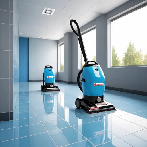 Prompt: "Create a high-resolution image for a cleaning company flyer. The image should feature these modern cleaning machines only, a vacuum cleaner, floor scrubbers, backpack vacuum, and carpet cleaning machine. The background should be a shiny, clean tiled floor with a subtle reflection to emphasize cleanliness. Ensure the lighting is bright and the overall mood is professional and inviting. The colors should be vibrant, with the machines in varying shades of blue and grey. The focus should be on the machines, but the background tiles should enhance the sense of cleanliness and hygiene."