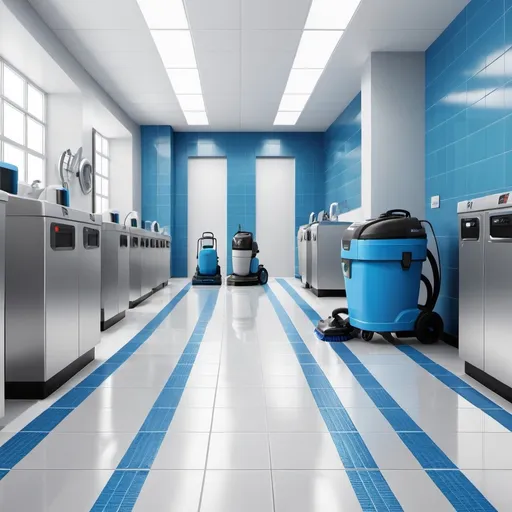 Prompt: "Create a high-resolution image for a cleaning company flyer. The image should feature several modern cleaning machines, such as vacuum cleaners, floor scrubbers, and carpet cleaners, arranged neatly. The background should be a shiny, clean tiled floor with a subtle reflection to emphasize cleanliness. Ensure the lighting is bright and the overall mood is professional and inviting. The colors should be vibrant, with the machines in varying shades of blue and grey. The focus should be on the machines, but the background tiles should enhance the sense of cleanliness and hygiene."