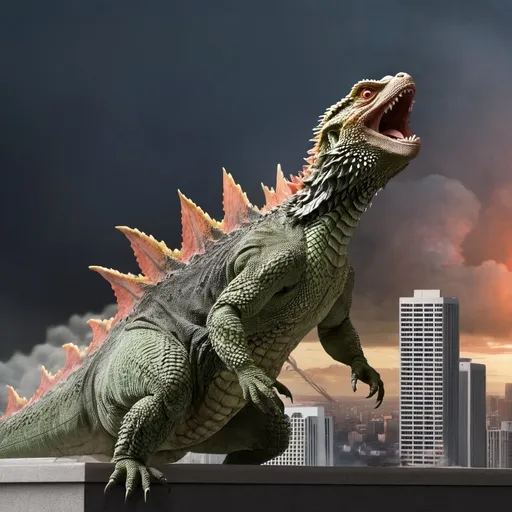 Prompt: Bearded-Dragon Godzilla attacking city buildings 