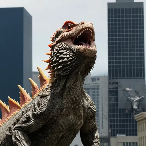 Prompt: Bearded-Dragon Godzilla attacking city buildings 