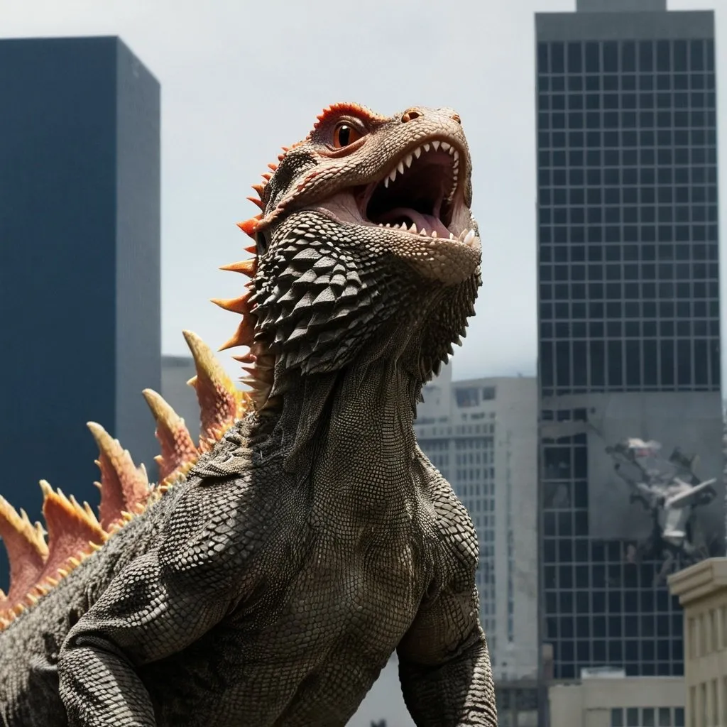 Prompt: Bearded-Dragon Godzilla attacking city buildings 