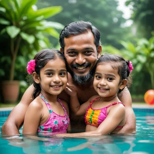 Prompt: Create a heartwarming and joyful scene featuring a 36-year-old Bangladeshi father and his 5-year-old daughter enjoying their time in a beautifully decorated swimming pool in Bangladesh. The father, with a big smile on his face, is in the pool gently holding his daughter, teaching her how to swim. The daughter is laughing and having fun, her small arms paddling in the water. The swimming pool is elegantly designed with vibrant tiles and surrounded by lush green plants, adding a touch of natural beauty. There are colorful pool toys and floats scattered around, enhancing the playful atmosphere. Both the father and daughter are wearing traditional Bangladeshi swimsuits, and the models should reflect the unique features and charm of Bangladeshi people. The overall mood is one of fun, love, and the special bond between a father and his daughter.

