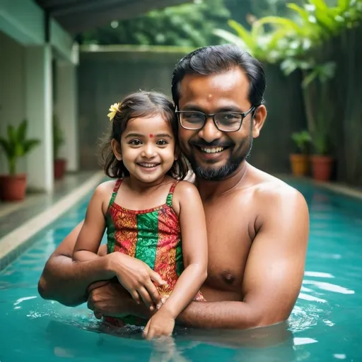 Prompt: Create a heartwarming and joyful scene featuring a 36-year-old Bangladeshi father and his 5-year-old daughter enjoying their time in a beautifully decorated swimming pool in Bangladesh. The father, with a big smile on his face, is in the pool gently holding his only one daughter, teaching her how to swim. The daughter is laughing and having fun, her small arms paddling in the water. The swimming pool is elegantly designed with vibrant tiles and surrounded by lush green plants, adding a touch of natural beauty. There are colorful pool toys and floats scattered around, enhancing the playful atmosphere. Both the father and daughter are wearing traditional Bangladeshi swimsuits, and the models should reflect the unique features and charm of Bangladeshi people. The overall mood is one of fun, love, and the special bond between a father and his daughter.

