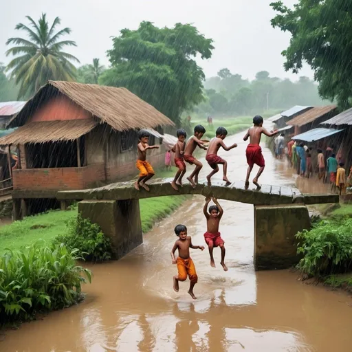 Prompt: "Illustrate a vibrant and lively scene of a traditional Bangladeshi village during a rainy day. The setting is alongside a broad river with a high, rustic bridge spanning across it. In the foreground, several boys are playing exuberantly, with some of them drenched in rain, jumping off the bridge into the river below. Other boys are already in the river, splashing water at each other and enjoying a playful bath. The entire scene is filled with lush green surroundings, with trees and vegetation thriving in the rain. The atmosphere captures the essence of carefree village life, with the children’s laughter and energy bringing the scene to life. The rain adds a dynamic and refreshing element, making the greenery even more vivid and the overall mood more joyful and spirited."