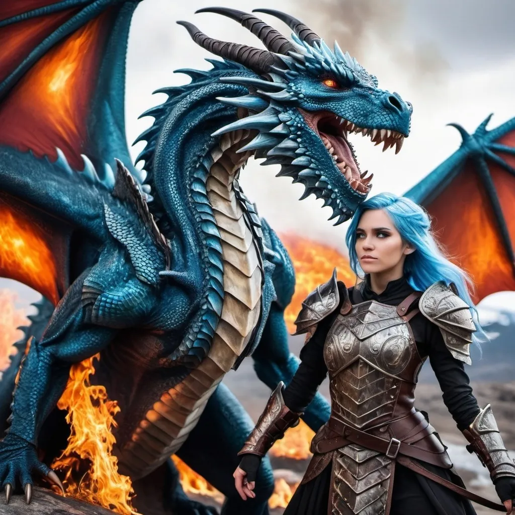 Prompt: Realistic fire and ice dragon next to a fierce female dragon rider in armor she must have blue hair that is in a style with plats
