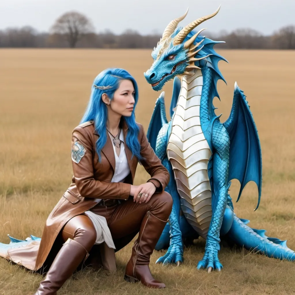 Prompt: Golden brown with mother of pearl white chest fierce dragon in an open field with its blue hair dragon rider sitting next to him in the field, she is wearing rider pants and a calf long jacket taken in at the middle and mid calve leather boots