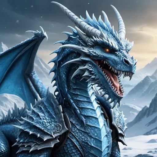 Prompt: Realistic Blue ice dragon next to a fierce female dragon rider in armor
