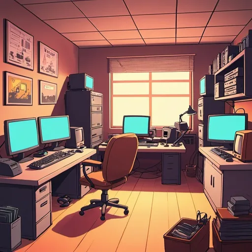 Prompt:  work lofi, a room with many computers, cartoonish style, realistic