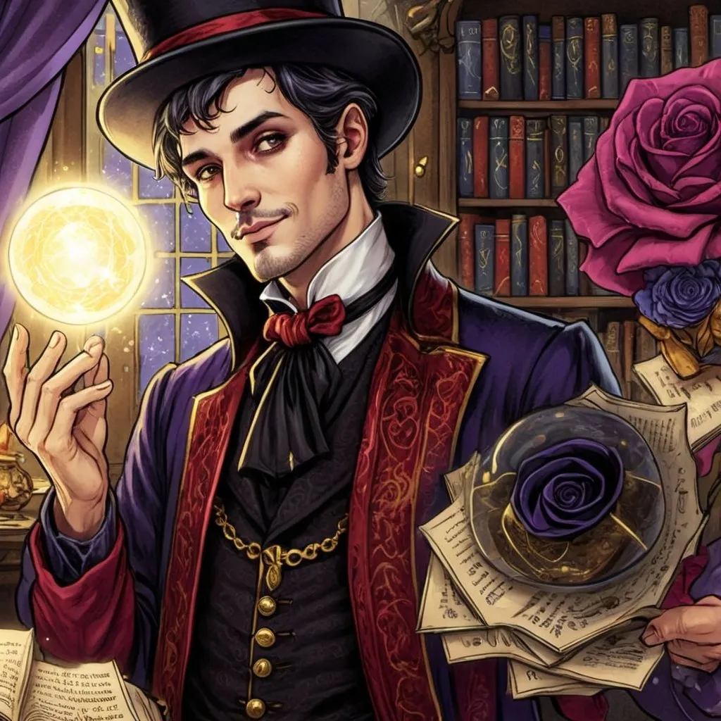 Prompt: The magician from tarot cards, gothic style and animated and line drawing. Mysterious and dark. He is wearing long robes and a short top hat. The room is full of books from floor to ceiling and books stacked around the room for him to study. A Magician is professional, proper, and poised with a mischievous smirk. The magician is a male, and we see him from the waist up. Charming. Coy. Fantasy 