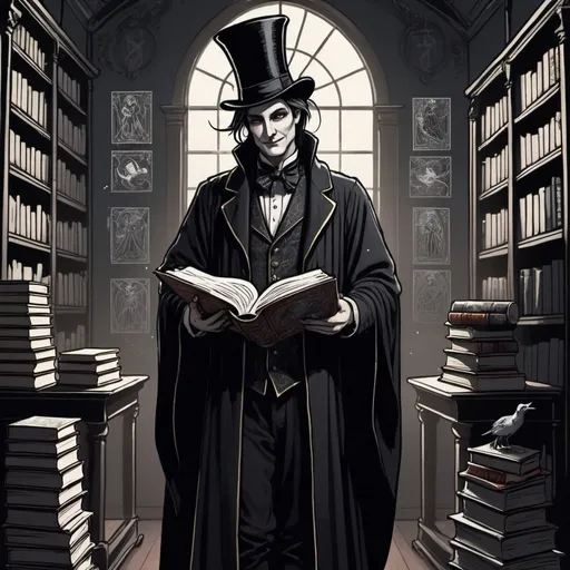 Prompt: The magician from tarot cards, gothic style and animated and line drawing. Mysterious and dark. He is wearing long robes and a short top hat. The room is full of books from floor to ceiling and books stacked around the room for him to study. A Magician is professional, proper, and poised with a mischievous smirk. The magician is a male, and we see him from the waist up. He is alluring and charming. 
