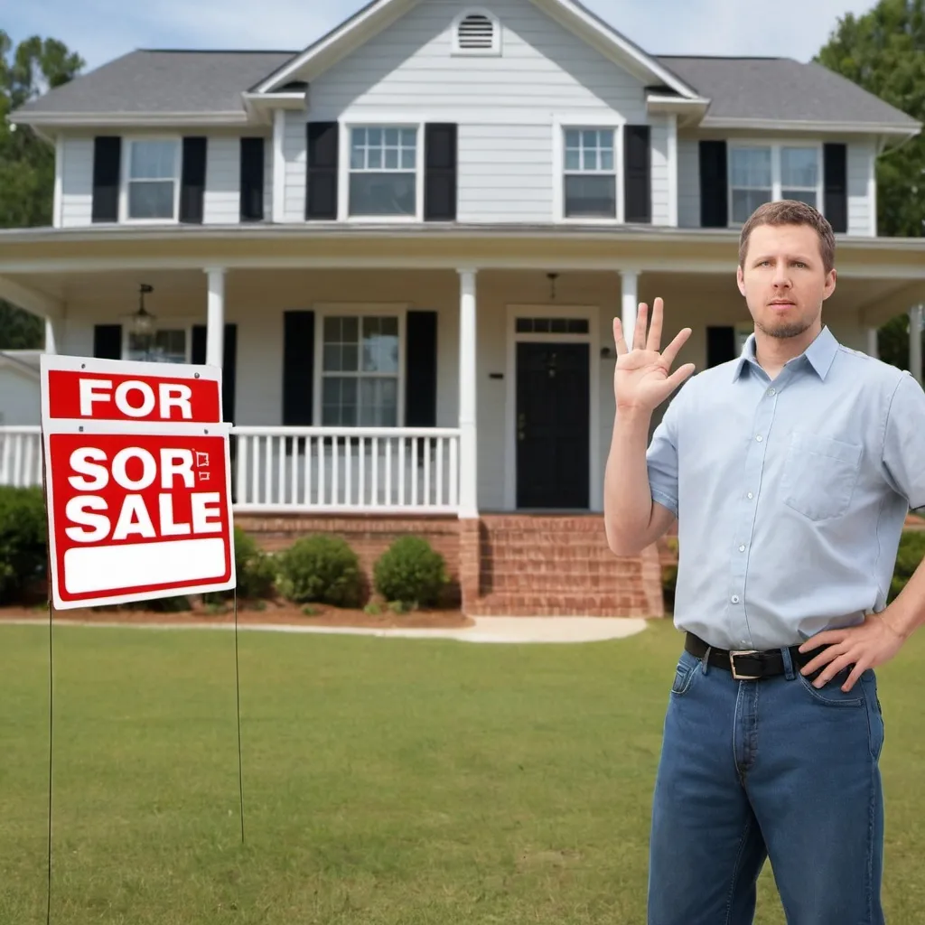 Prompt: Theme: Sell My House Fast Augusta, GA

Description: Generate a realistic image of a human with an urgent expression on their face, holding or standing next to a house with a clearly visible sign that reads "FOR SALE." The sign should not have any misspellings or extra letters. The image should be wide and represent the urgency and purpose of selling a house quickly.

Dimensions: Wide photo

 white people