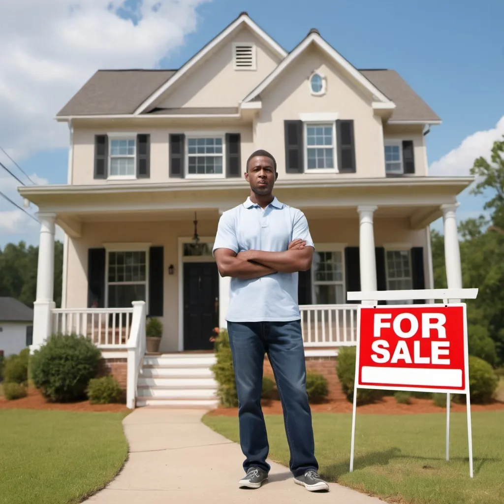 Prompt: Theme: Sell My House Fast Augusta, GA

Description: Generate a realistic image of a human with an urgent expression on their face, holding or standing next to a house with a clearly visible sign that reads "FOR SALE." The sign should not have any misspellings or extra letters. The image should be wide and represent the urgency and purpose of selling a house quickly.

Dimensions: Wide photo