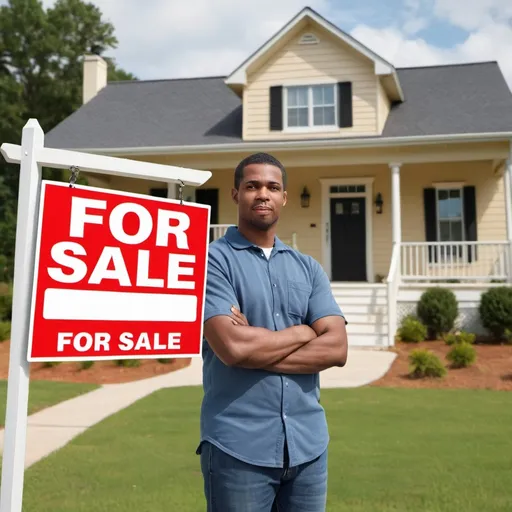 Prompt: Theme: Sell My House Fast Augusta, GA

Description: Generate a realistic image of a human with an urgent expression on their face, holding or standing next to a house with a clearly visible sign that reads "FOR SALE." The sign should not have any misspellings or extra letters. The image should be wide and represent the urgency and purpose of selling a house quickly.

Dimensions: Wide photo