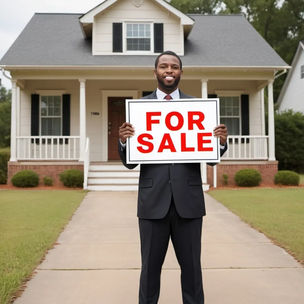 Prompt: Theme: Sell My House Fast Augusta, GA

Description: Generate a realistic image of a human with an urgent expression on their face, holding or standing next to a house with a clearly visible sign that reads "FOR SALE." The sign should not have any misspellings or extra letters. The image should be wide and represent the urgency and purpose of selling a house quickly.

Dimensions: Wide photo

 white people