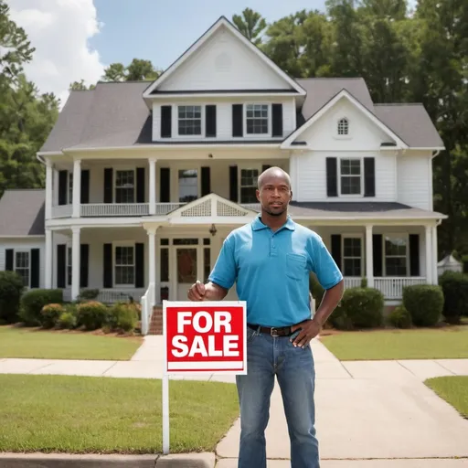 Prompt: Theme: Sell My House Fast Augusta, GA

Description: Generate a realistic image of a human with an urgent expression on their face, holding or standing next to a house with a clearly visible sign that reads "FOR SALE." The sign should not have any misspellings or extra letters. The image should be wide and represent the urgency and purpose of selling a house quickly.

Dimensions: Wide photo