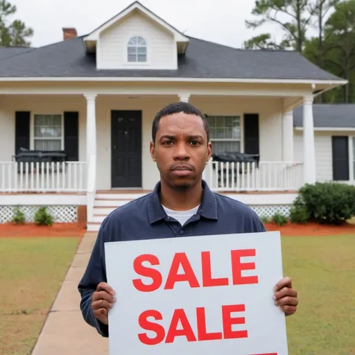 Prompt: theme: sell my house fast Augusta GA. Give me a realistic human looking person, with a urgent look on their face.  and a house with a "For sale" sign in front. 2000px x 1334px a wide photo. Proofread for spelling errors and remove them.