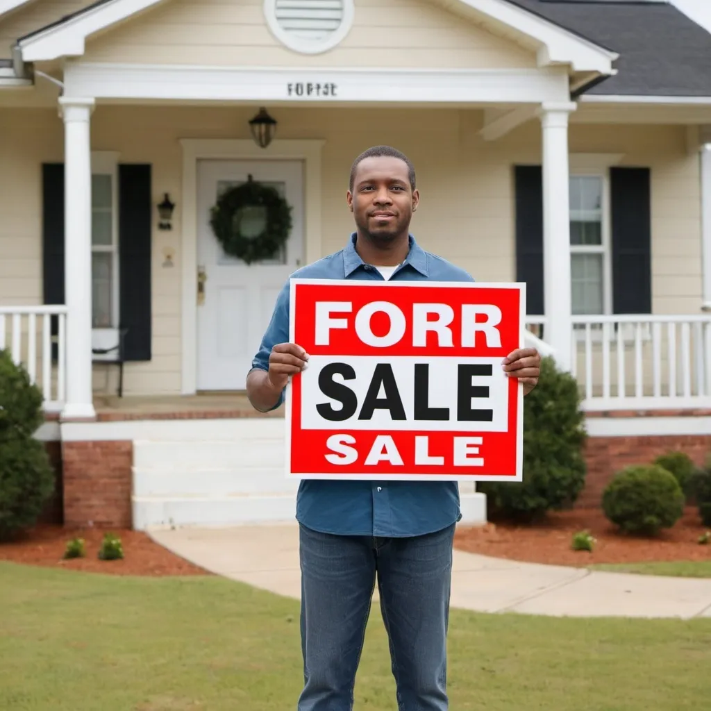 Prompt: Theme: Sell My House Fast Augusta, GA

Description: Generate a realistic image of a human with an urgent expression on their face, holding or standing next to a house with a clearly visible sign that reads "FOR SALE." The sign should not have any misspellings or extra letters. The image should be wide and represent the urgency and purpose of selling a house quickly.

Dimensions: Wide photo