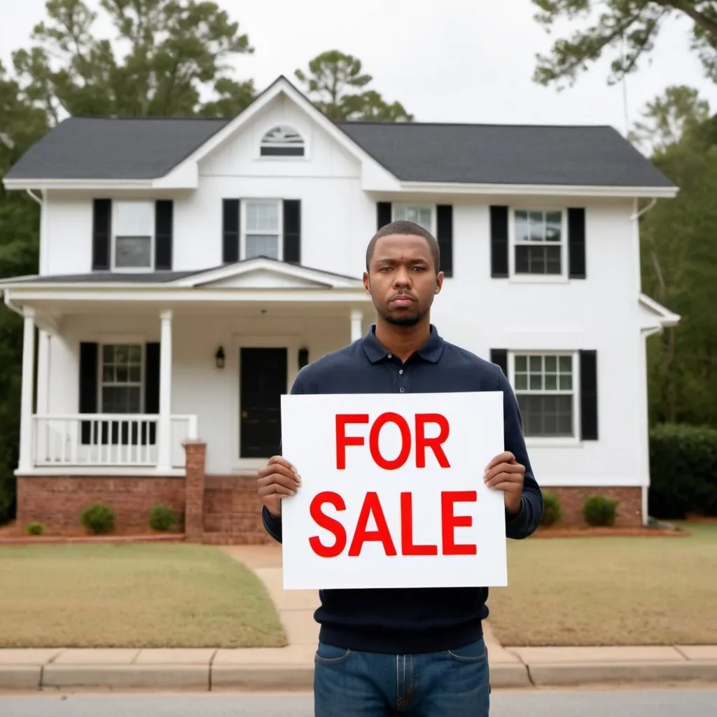 Prompt: Theme: Sell My House Fast Augusta, GA

Description: Generate a realistic image of a human with an urgent expression on their face, holding or standing next to a house with a clearly visible sign that reads "FOR SALE." The sign should not have any misspellings or extra letters. The image should be wide and represent the urgency and purpose of selling a house quickly.

Dimensions: Wide photo

 white people