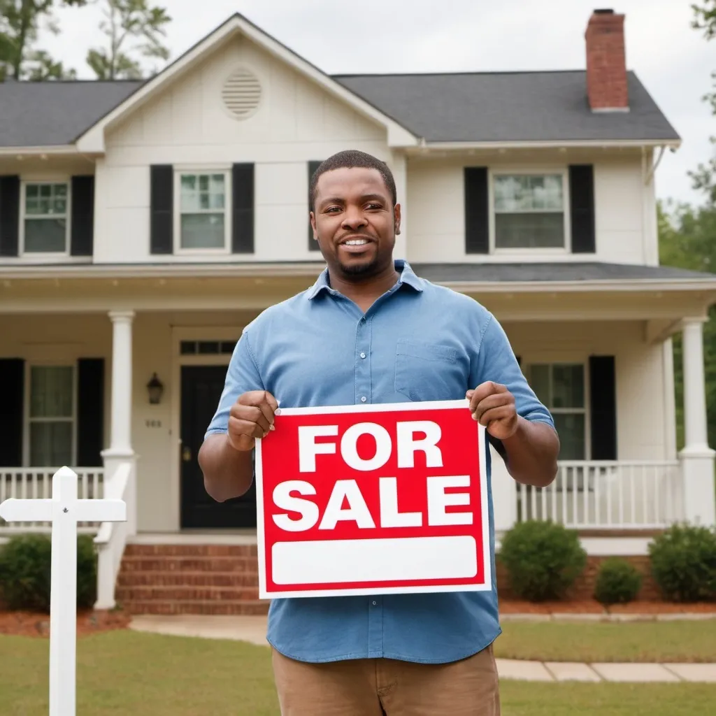 Prompt: Theme: Sell My House Fast Augusta, GA

Description: Generate a realistic image of a human with an urgent expression on their face, holding or standing next to a house with a clearly visible sign that reads "FOR SALE." The sign should not have any misspellings or extra letters. The image should be wide and represent the urgency and purpose of selling a house quickly.

Dimensions: Wide photo