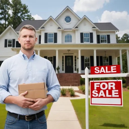 Prompt: Theme: Sell My House Fast Augusta, GA

Description: Generate a realistic image of a human with an urgent expression on their face, holding or standing next to a "modern house" with a clearly visible sign that reads "FOR SALE." The sign should not have any misspellings or extra letters. The image should be wide and represent the urgency and purpose of selling a house quickly.

Dimensions: Wide photo

 white people