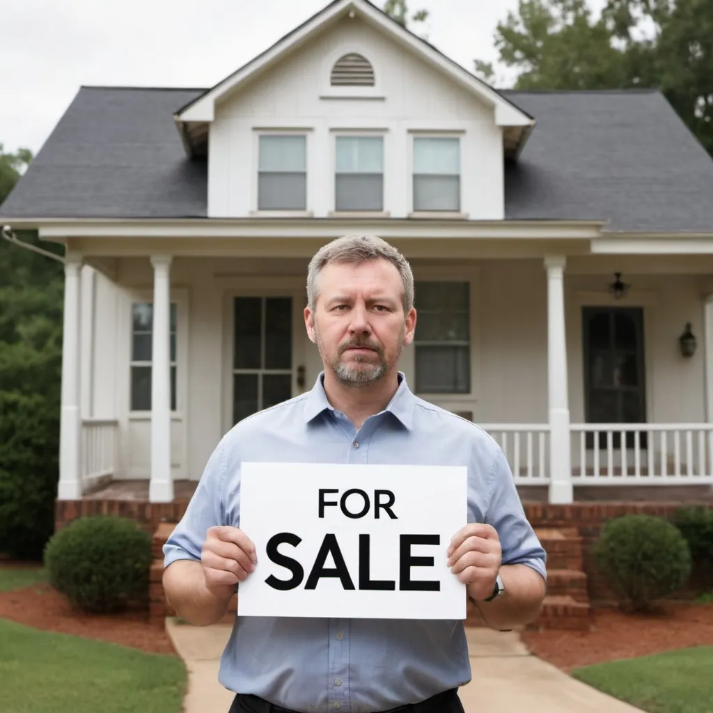 Prompt: Theme: Sell My House Fast Augusta, GA

Description: Generate a realistic image of a human with an urgent expression on their face, holding or standing next to a house with a clearly visible sign that reads "FOR SALE." The sign should not have any misspellings or extra letters. The image should be wide and represent the urgency and purpose of selling a house quickly.

Dimensions: Wide photo

 white people