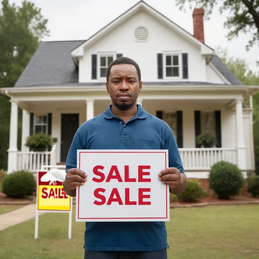 Prompt: Theme: Sell My House Fast Augusta, GA

Description: Generate a realistic image of a human with an urgent expression on their face, holding or standing next to a house with a clearly visible sign that reads "FOR SALE." The sign should not have any misspellings or extra letters. The image should be wide and represent the urgency and purpose of selling a house quickly.

Dimensions: Wide photo