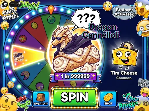 Prompt: A colorful cartoon gacha game screen inspired by Roblox “Steal a Brainrot” style. In the center is a spinning wheel with a rare character called Dragon Cannelloli, a pastry-and-cream dragon with a cool mysterious aura. Under it is the text “???” and nearby text saying “1 in 999999”. Next to it is a smaller goofy cheese character named Tim Cheese, smiling, labeled “Common”. At the bottom is a big bright green button that says “SPIN”. The UI is vibrant, meme-like, chaotic, and fun, with a game spinner interface.