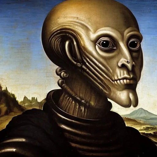 Prompt: a renaissance painting of a typical alien with large black eyes, on a stalion
 