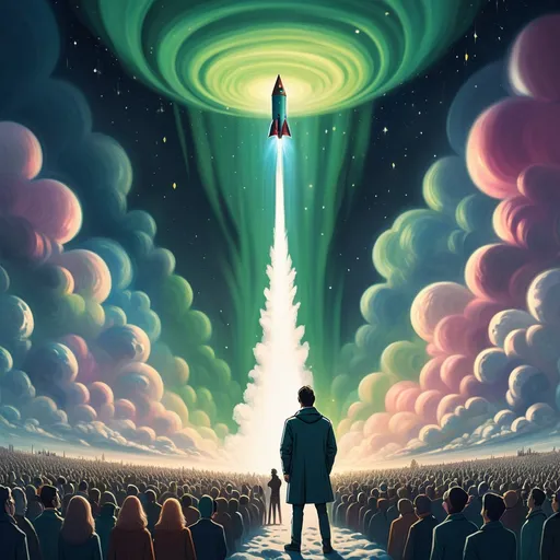 Prompt: A guy standing in between of massive crowd surrounded by his thoughts. Make him look like a personal detective searching for his imaginative destiny "enlightenment".  Show aurora above in the sky with one rocket piercing through it.