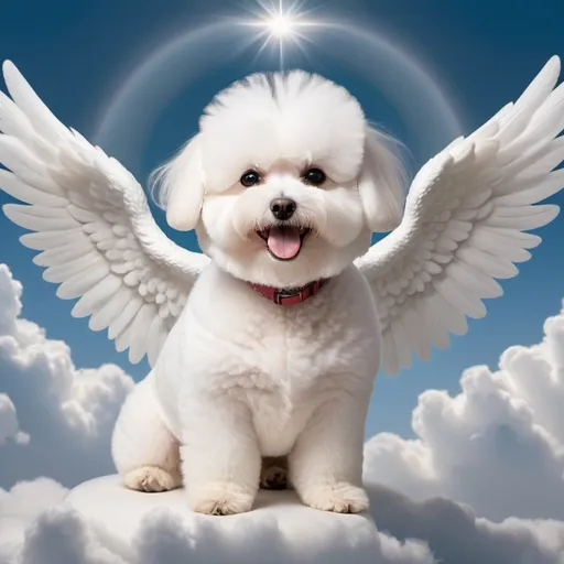 Prompt: fluffy white Bichon Frise dog at the center, surrounded by soft, billowing clouds. Add angel wings extending from its back, giving it a celestial appearance.