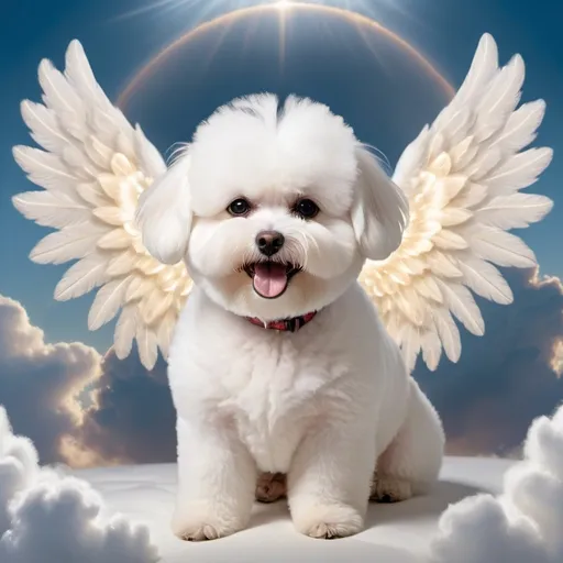 Prompt: fluffy white Bichon Frise dog at the center, surrounded by soft, billowing clouds. Add angel wings extending from its back, giving it a celestial appearance.