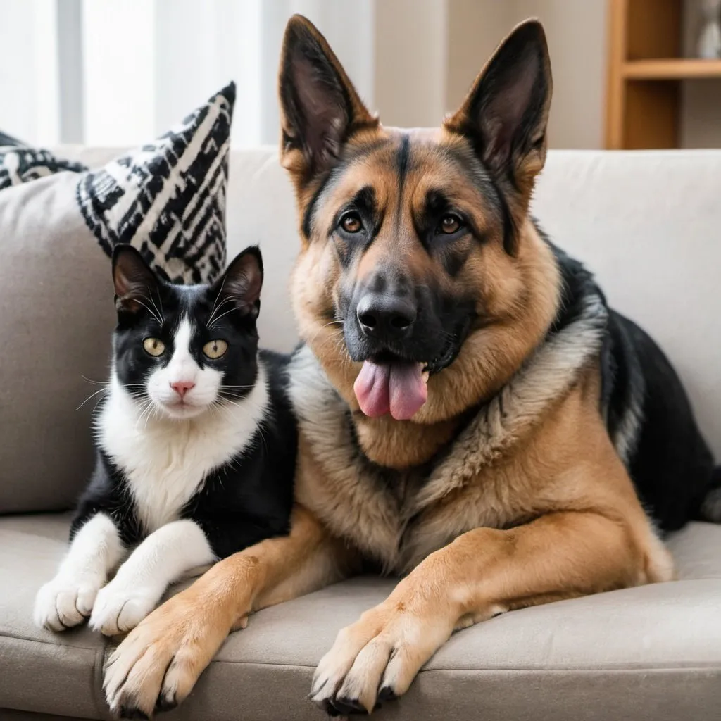 Prompt: black and white cat snuggling a german shepherd dog. they should be looking at the camera. they are sitting on a couch. They should look happy