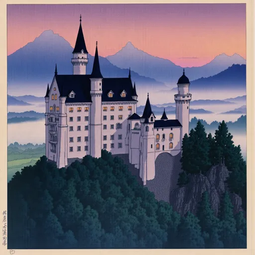 Prompt: Neuschwanstein Castle, (picturesque setting), set against a twilight backdrop, (elegant architecture), surrounded by majestic mountains and lush forests, sky painted in deep purples and soft oranges, (mystical ambiance), gentle mist weaving through the landscape, reflecting light on the castle’s spires, (high-detail, 4K), capturing the enchanting essence of Bavaria at dusk.