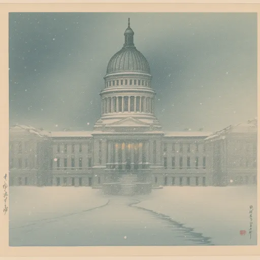 Prompt: Utah State Capitol Building, majestic architecture blanketed in thick white snow, engulfed by a swirling blizzard with low visibility, haunting atmosphere, soft flakes falling sharply against the formidable structure, dimly lit by faint, diffused light in the wintry gloom, ultra-detailed, capturing the serene yet eerie ambiance of winter's embrace.