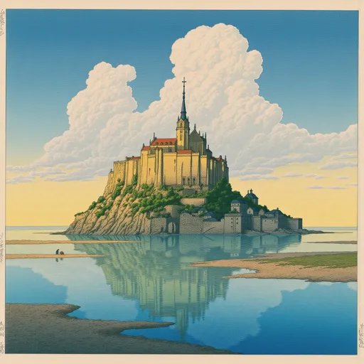 Prompt: (Mont Saint-Michel) in Normandy, France, stunning (golden hour) lighting, (magical atmosphere), soft golden hues reflecting off the ancient stone, tranquil waters surrounding the island, majestic clouds in the vibrant sky, breathtaking views of the abbey, serene landscape, (highly detailed), dramatic shadows enhancing the architectural beauty, inviting ambiance that captures the essence of a fairy tale.