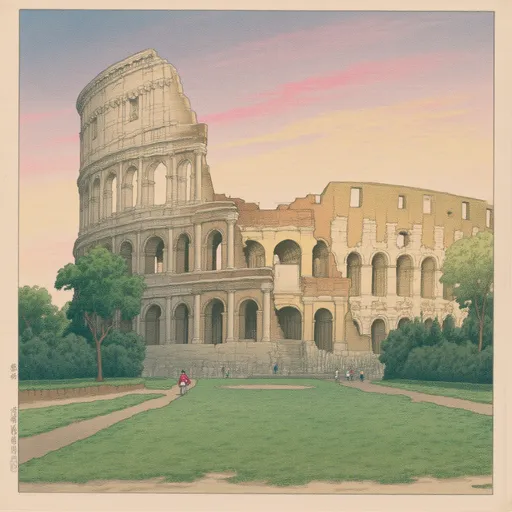 Prompt: Japanese print with border, The Colosseum in Rome, bathed in the warm, golden light of summer's golden hour, showcasing its magnificent ancient architecture. The sky painted with hues of orange and pink, radiating a tranquil atmosphere. Lush greenery surrounds the iconic structure, while a few scattered tourists admire the historical beauty. High-quality, ultra-detailed image that captures the grandeur and charm of this timeless landmark.