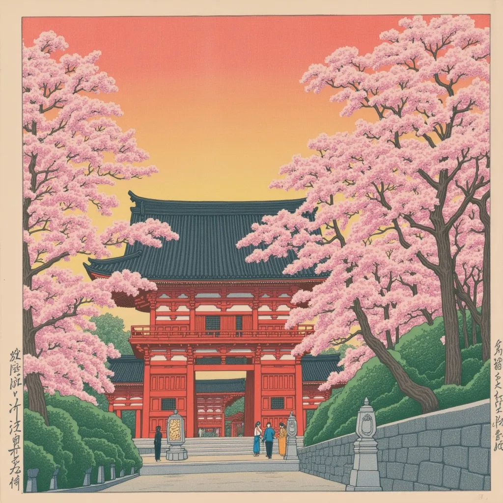 Prompt: Japanese print with border, Shinto temple, cherry blossoms in full bloom, gradient sunset.