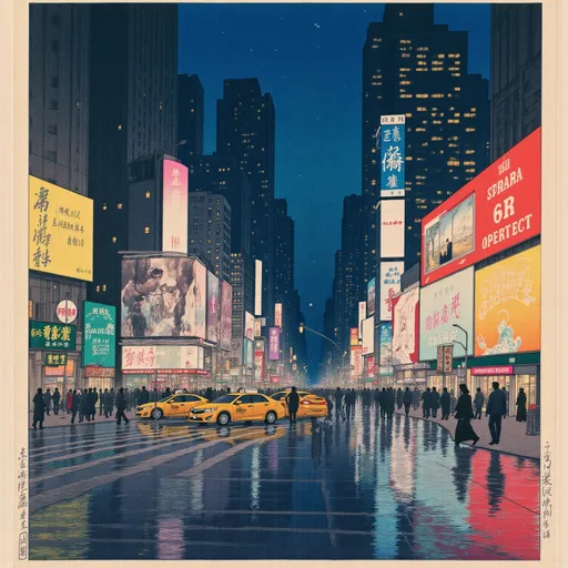 Prompt: Times Square at night, (neon lights), bustling energy, vibrant billboards glowing, people walking, taxis rushing, (reflective wet pavement), rich colors of blue and purple in the sky, dynamic atmosphere, crisp detailing, (4K), urban landscape, vibrant city lights illuminating the scene, showcasing the excitement of New York City nightlife, (highly detailed).