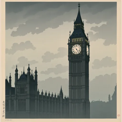 Prompt: Big Ben (Elizabeth Tower), (overcast sky), dramatic clouds filling the horizon, greyish tones dominating the scene, (moody atmosphere), intricate architectural details of the tower highlighted, atmospheric perspective, (historical landmark), softly diffused light creating subtle shadows, capturing a sense of serenity and timelessness, (high resolution), (ultra-detailed).