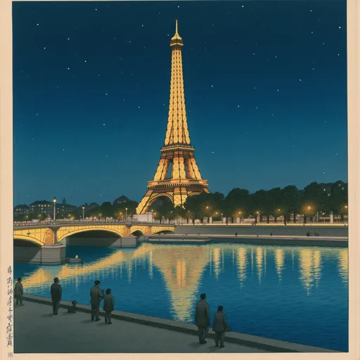 Prompt: Eiffel Tower (illuminated at night), striking long exposure illumination, twinkling lights, French romantic atmosphere, vibrant night sky with stars, calm Seine River reflection, dramatic cityscape skyline art, warm golden hues blending with cool blues, captivating mood, ultra-detailed, 4K photography, enchanting ambiance, picturesque city lights.